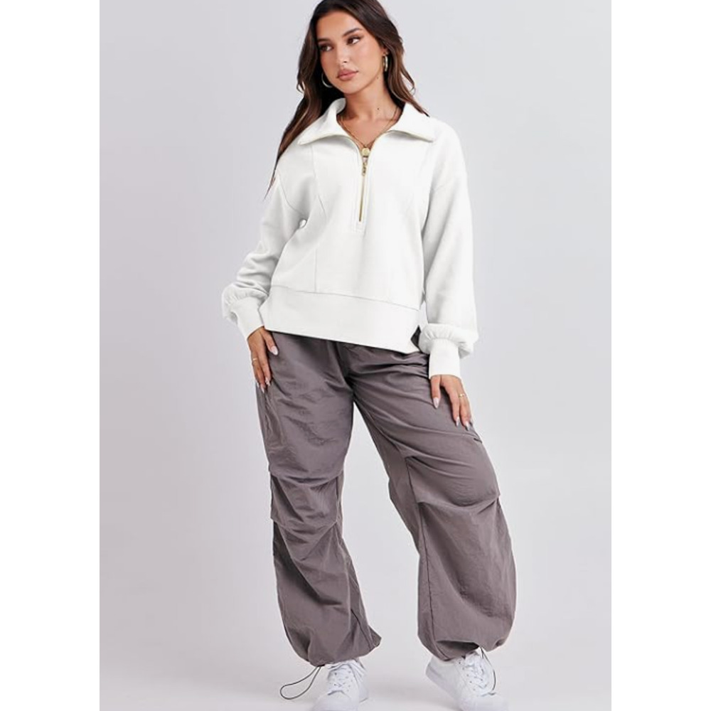 Women's White Ribbed Half Zip Cropped Pullover Sweatshirt Top NWT Size L - Picture 2 of 13
